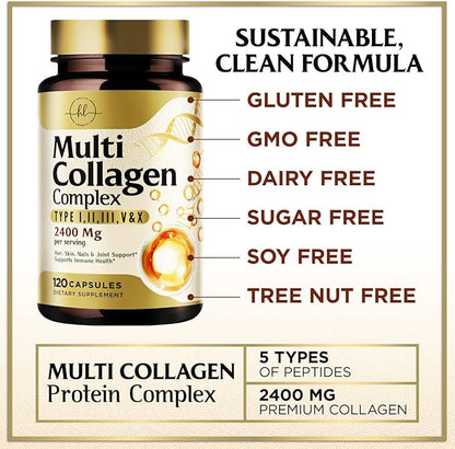 Collagen Peptides for Women – 2400mg Per Serving – Multi Collagen Capsules with Types I, II, III, V & X – Hydrolyzed Collagen Supplement Vital Hair, Skin, Nails, Joints & Bones Support – 120 Capsules