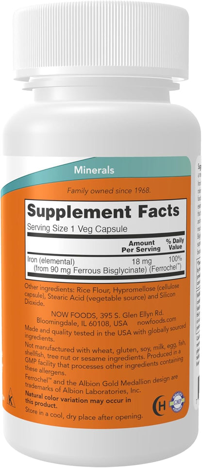 NOW Foods Supplements, Iron 18 mg, Non-Constipating*, Essential Mineral, 120 Veg Capsules