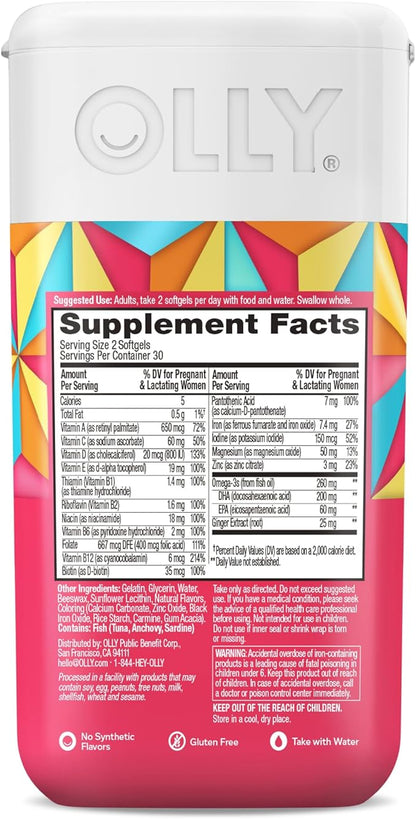 OLLY Ultra Strength Prenatal Multivitamin Softgels, Supports Healthy Growth, Brain Development, Iron, Folic Acid, DHA, Vitamins C, E, 30 Day Supply-60 Count