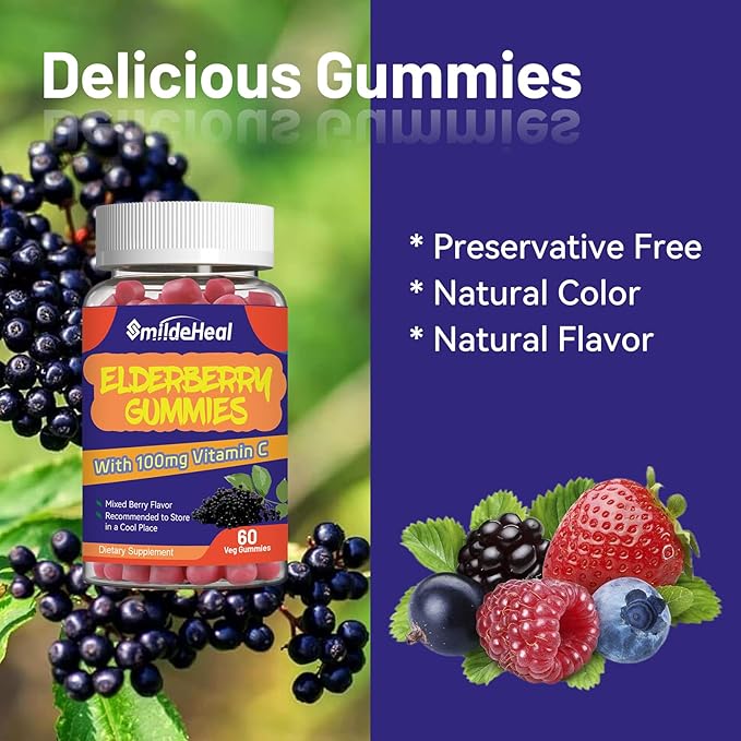 Elderberry Gummies, Elderberry Extract 300mg, with Vitamin C and Zinc, Strawberry Flavor Gummies, Non-GMOs, Gluten Free, Vegan-Friendly, Immune Support, 60 Count (Pack of 2)