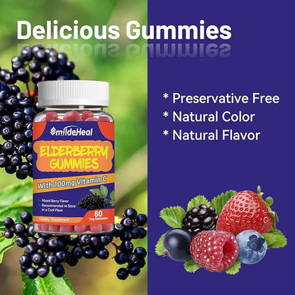 Elderberry Gummies, Elderberry Extract 300mg, with Vitamin C and Zinc, Strawberry Flavor Gummies, Non-GMOs, Gluten Free, Vegan-Friendly, Immune Support, 60 Count (Pack of 2)