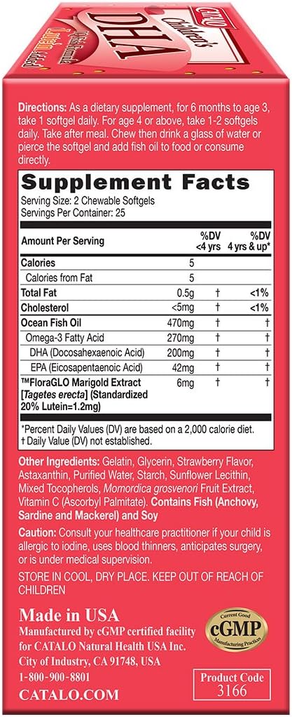 CATALO Children’s DHA IQ Formula with Lutein from Marigold Extract - Omega 3 for Kids, Yummy Strawberry Flavored Chewable Softgels with 200 mg of DHA and 42 mg of EPA - Made in USA