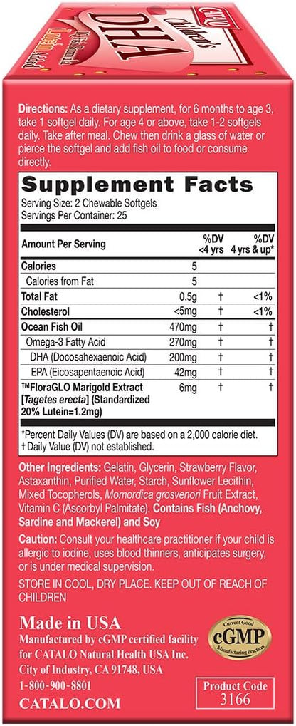 CATALO Children’s DHA IQ Formula with Lutein from Marigold Extract - Omega 3 for Kids, Yummy Strawberry Flavored Chewable Softgels with 200 mg of DHA and 42 mg of EPA - Made in USA