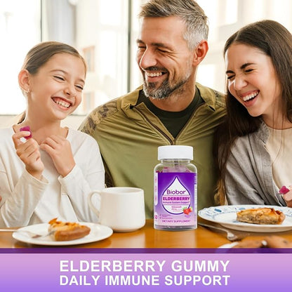 Natural Elderberry Gummies, Daily Immune Support Gummies with Vitamins C for Adults and Children Ages 4 Up, Gluten Free Vegan Elderberry Supplement (Strawberry, 60 Count)