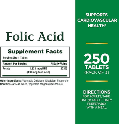 Nature's Bounty Folic Acid 800 mcg Tablets Maximum Strength, 250 Count (Pack of 1)