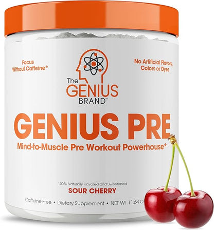 Genius Pre Caffeine-Free Pre Workout Boosted Energy, Focus, Performance Nootropic Formula AlphaSize, Citrulline Malate, CarnoSyn Beta Alanine Endurance, Stamina, Recovery, 20 Servings - Sour Cherry