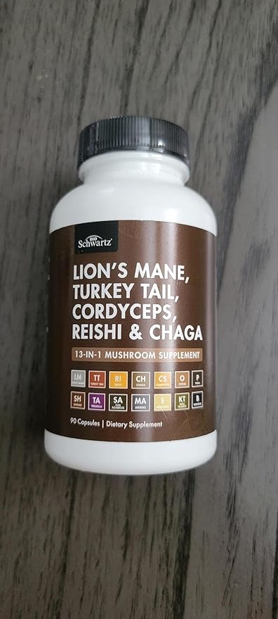 BioSchwartz Mushroom Complex - Organic Lions Mane Supplement Capsule with Reishi, Turkey Tail, Cordyceps, Shiitake, Chaga, Black Pepper for Max Absorption - Supports Energy, Focus, Memory, 90 Count