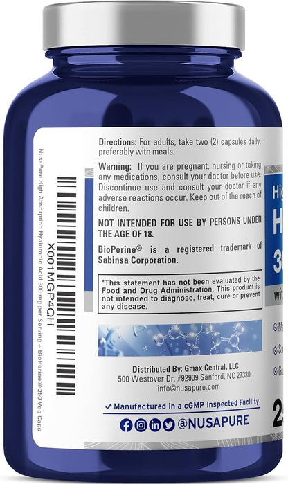 NusaPure Hyaluronic Acid 300mg 250 Veggie Capsules (Non-GMO, Vegan)