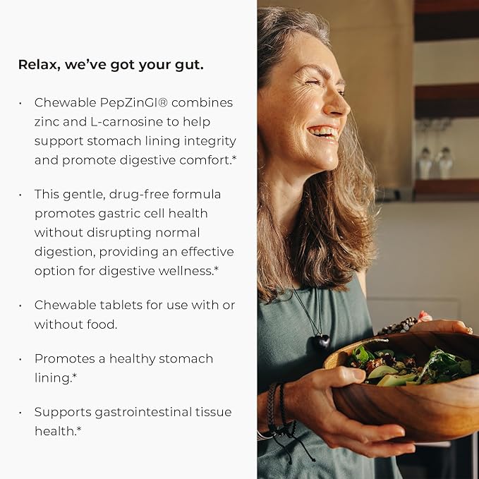Zinc - PepZinGI 75mg for Immune Function & Digestive Health Support | Zinc Carnosine Supplement | Chewable Zinc Tablets for Adults | Vegan, Non-GMO, Gluten Free - Endurance 60 Chewable Tablets