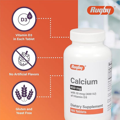 Rugby 600mg Calcium Tablets - Made with 10mcg (400IU) of Vitamin D3 - Dietary Supplement - 180 Count (2 Pack)