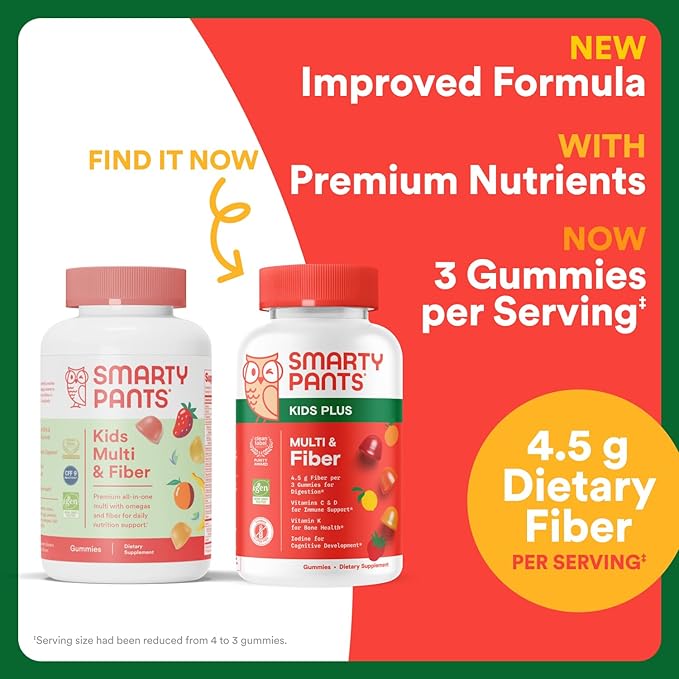 SmartyPants Kids Multivitamin Gummies and Fiber Supplement: Vitamin D3, C, Vitamin B12, B6, A, Zinc, Biotin, Inositol, Fiber Gummies, Three Fruit Flavors, 120 Count (30 Day Supply)