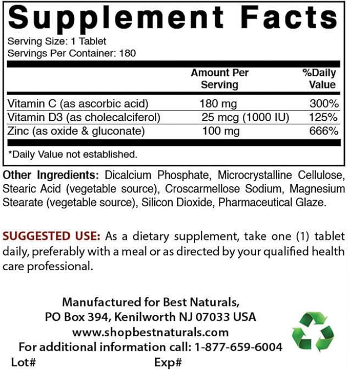 Best Naturals Zinc 100 mg with Vitamin C & D3 180 Tablets Gluten Free and Non-GMO