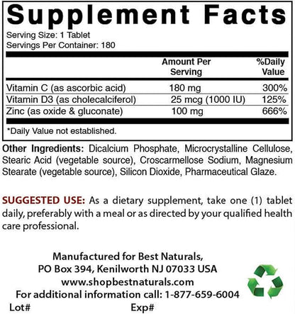 Best Naturals Zinc 100 mg with Vitamin C & D3 180 Tablets Gluten Free and Non-GMO