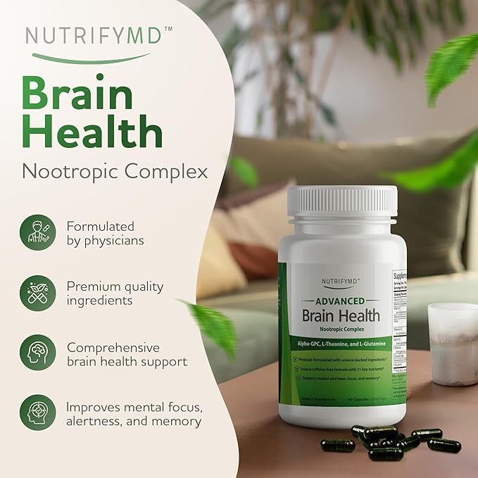 Advanced Brain Health Supplement with Alpha GPC, L-Theanine, L-Glutamine for Memory and Focus - 90 Capsules