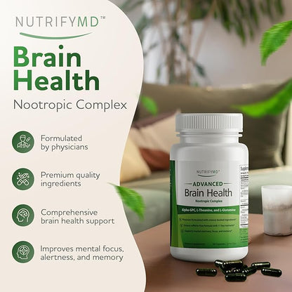 Advanced Brain Health Supplement with Alpha GPC, L-Theanine, L-Glutamine for Memory and Focus - 90 Capsules