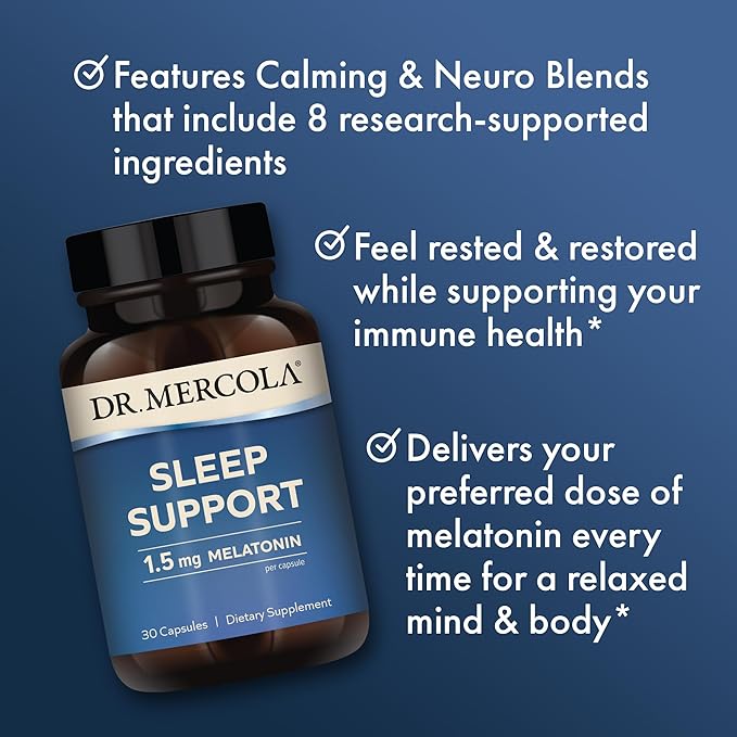 Dr. Mercola Sleep Support with Melatonin, 1.5mg Melatonin Per Serving, 30 Servings (30 Capsules), Dietary Supplement, Supports Healthy Sleep and Mental Focus, Non-GMO