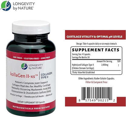 Longevity by Nature KollaGen II-xs - Collagen with Glucosamine and Chondroitin, 120 Capsules Dietary Supplement