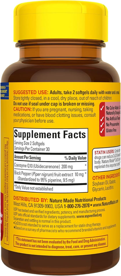 Nature Made CoQ10 200mg per Serving with Black Pepper Extract for Enhanced Nutrient Absorption, Heart Health Support, 60 Softgels, 30 Day Supply