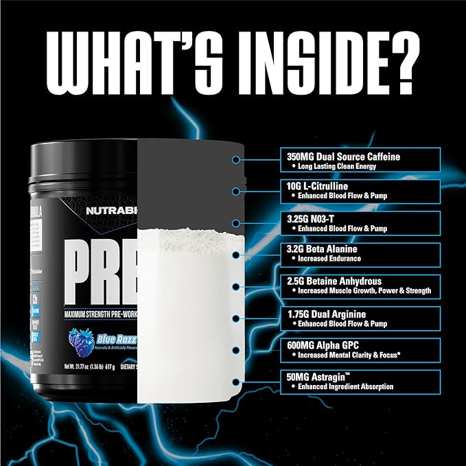 NutraBio PRE Workout Powder - New Formula- Sustained Energy, Mental Focus, Endurance - Beta Alanine, Caffeine, Electrolytes - 20 Servings - Blue Razz