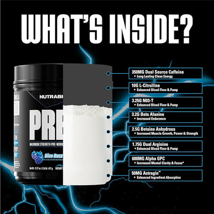 NutraBio PRE Workout Powder - New Formula- Sustained Energy, Mental Focus, Endurance - Beta Alanine, Caffeine, Electrolytes - 20 Servings - Blue Razz