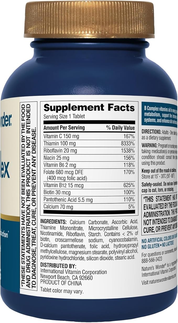 Nature's Wonder Super B Complex with Vitamin C, Vitamin B12, & Folic Acid – Supports Energy Metabolism, Immune Function, Nervous System, Skin & Muscle Health, 150 Tablets