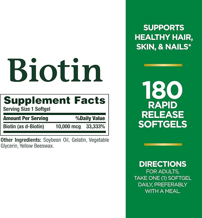 Nature's Bounty Biotin Hair Skin and Nails Vitamins, Supports Healthy Hair, Skin and Nails, 10,000 mcg, Rapid Release Softgels, 180 Ct