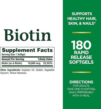 Nature's Bounty Biotin Hair Skin and Nails Vitamins, Supports Healthy Hair, Skin and Nails, 10,000 mcg, Rapid Release Softgels, 180 Ct