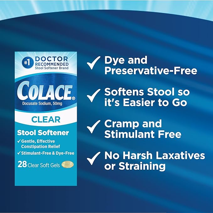 Colace Clear Stool Softener Soft Gel Capsules Constipation Relief 50mg Docusate Sodium Doctor Recommended 28ct