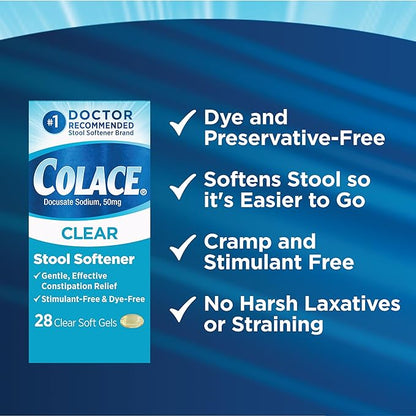 Colace Clear Stool Softener Soft Gel Capsules Constipation Relief 50mg Docusate Sodium Doctor Recommended 28ct