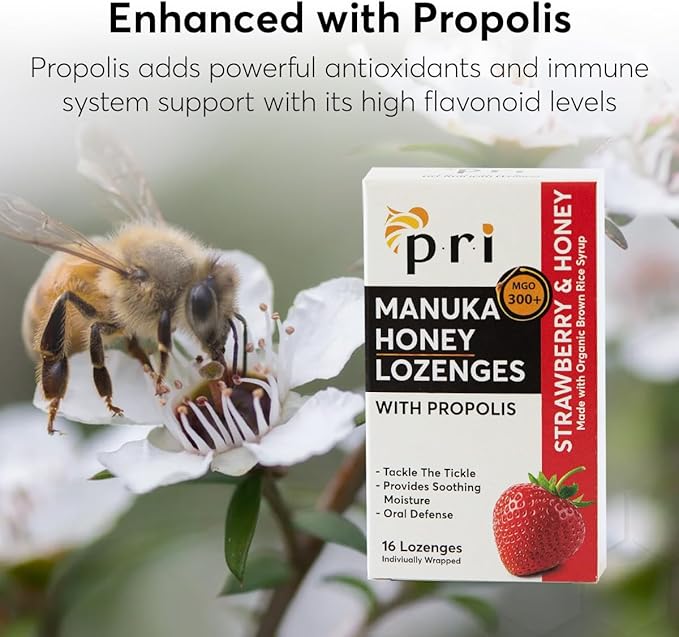 P.R.I Manuka Honey Lozenges with Propolis, Soothing Cough and Throat Drops, MGO 300+ Certified (Strawberry, 16 Count/2 Pack)