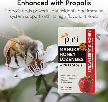 P.R.I Manuka Honey Lozenges with Propolis, Soothing Cough and Throat Drops, MGO 300+ Certified (Strawberry, 16 Count)