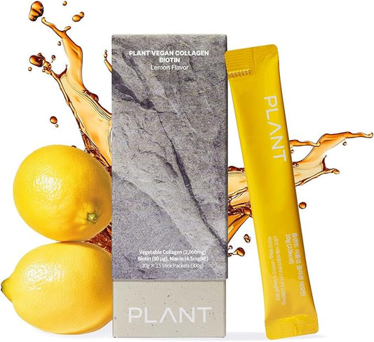 PLANT Vegan Liquid Collagen with Biotin & Niacin | 2,000mg Hydrolyzed Collagen Peptides | Kosher & Halal Certified| Lemon Flavor| Skin, Hair & Nail Support| 363Da Ultra Low Molecular |15 Stick Packs