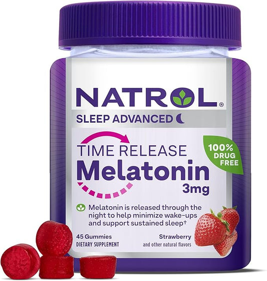 Natrol Time Release Melatonin Gummies, Sleep Support for Adults, 3 mg Melatonin Supplements for Sleep Support, 45 Strawberry-Flavored Gummies, Up to a 45 Day Supply