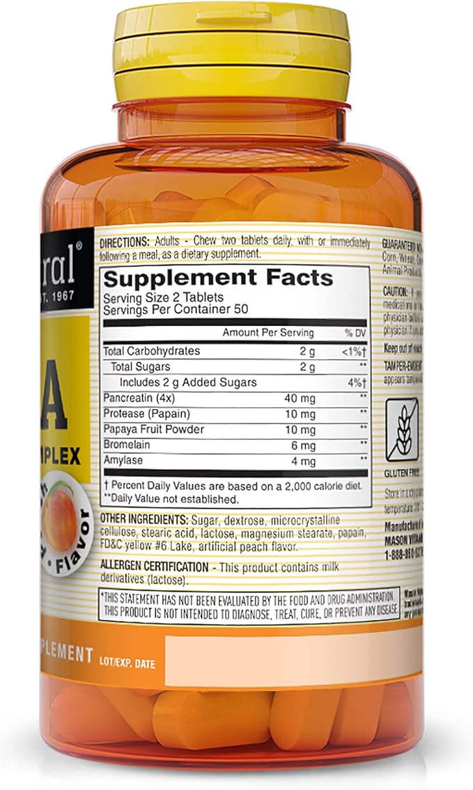 Mason Natural Papaya Digestive Enzyme Complex, Healthy Digestive Function, Promotes Nutrient Absorption, Peach Flavor, 100 Chewables (Pack of 3)