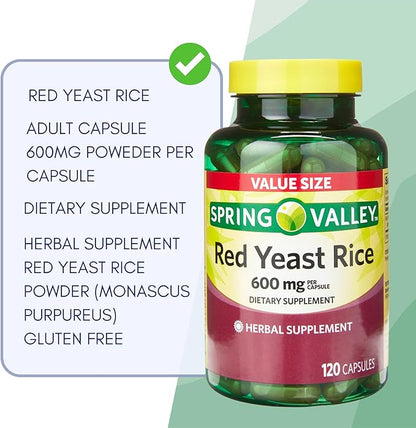 Spring Valley Red Rice Yeast 600mg, Red Yeast Rice Powder (Monascus purpureus), Dietary Supplement, Cholesterol, Gluten Free, Capsules for Adults 120 Count (Pack of 1)