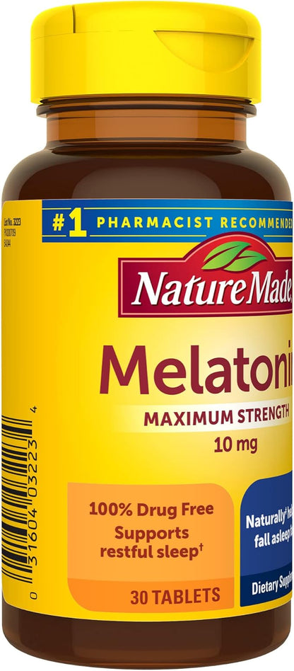 Nature Made Melatonin 10mg Extra Strength Tablets, Dietary Supplement for Restful Sleep, 30 Count, 30 Day Supply