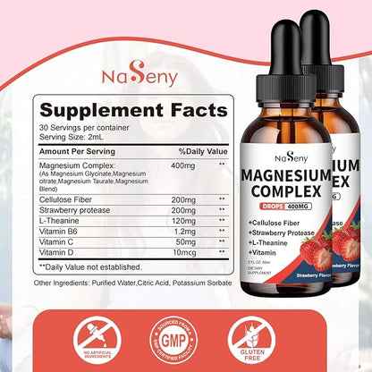 Liquid Magnesium Blend 400mg, Kids Magnesium Glycinate Complex Liquid Drops with Vitamin for Men and Women Bone Health, Relaxation and Sleep (2 Pack)