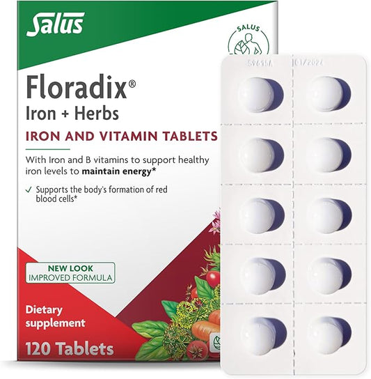 Floradix Iron Tablets - Iron Supplement with Folic Acid, Vitamin C & More - Energy Support* - Vegetarian, Gluten-Free - 120 Tablets