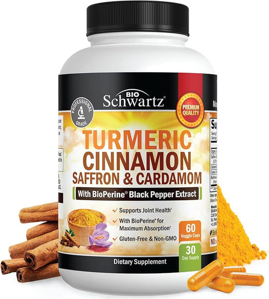 Turmeric Supplement with Saffron, Cinnamon and Cardamom Plus BioPerine Black Pepper Extract for Optimal Absorption, Natural Tumeric Curcumin Joint Support Supplement for Women and Men, 60 Capsules