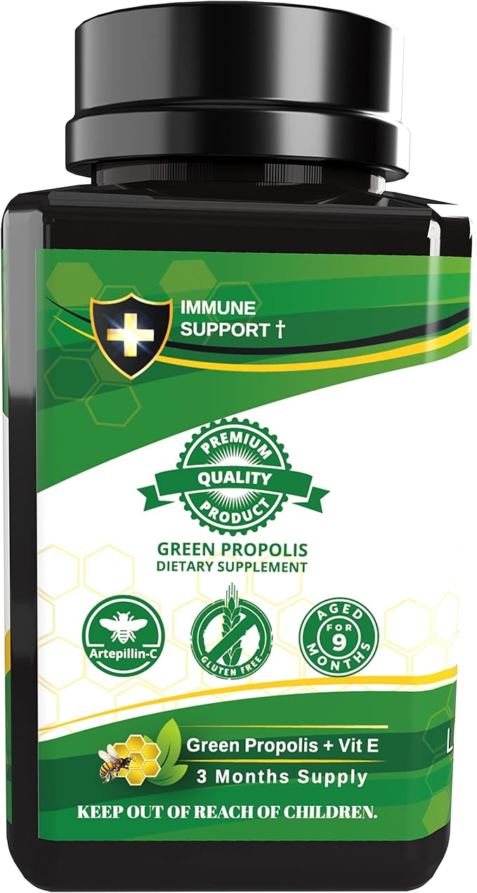 Propolis Health Propolis Capsules 1000mg-Daily with Vitamin E Per 2 Capsules - Brazilian Green Propolis Extract - Immune Booster 50 Days Supply Propolis Capsules (180 Capsules)