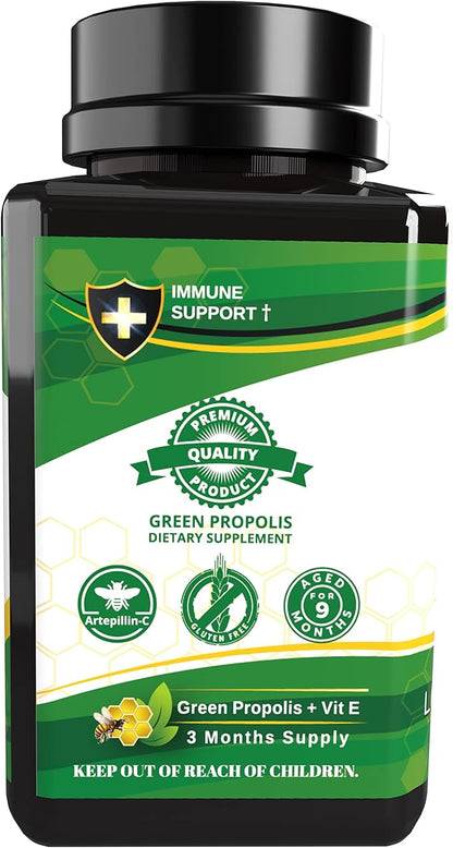 Propolis Health Propolis Capsules 1000mg-Daily with Vitamin E Per 2 Capsules - Brazilian Green Propolis Extract - Immune Booster 50 Days Supply Propolis Capsules (180 Capsules)