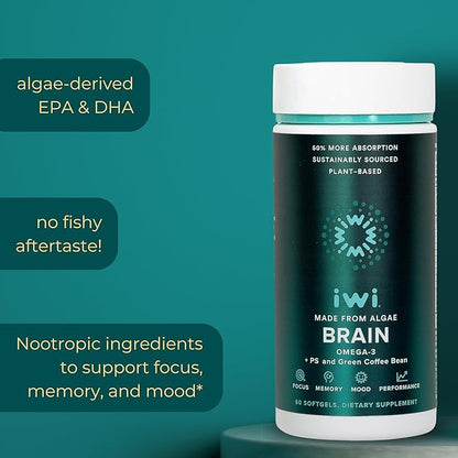 iwi life Brain Omega-3, 120 Softgels (60 Servings), Vegan Plant-Based Algae Omega-3 with EPA + DHA, Focus, Memory and Mood Support Dietary Supplement, Krill & Fish Oil Alternative, No Fishy Aftertaste