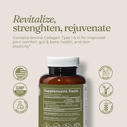 Collagen Ultra Hydrolyzed Collagen Supplements - 3000mg Anti Aging Bovine Collagen Peptides for Healthy Joints, Bones, Hair and Skin. Pastilla de Colageno Hidrolizado, 90 Capsules
