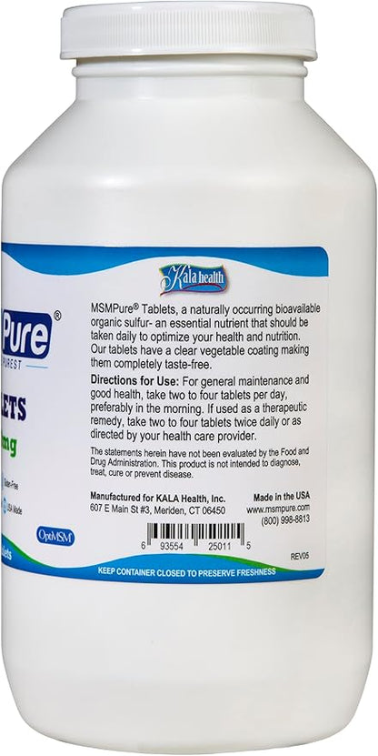 KALA HEALTH MSMPure MSM Tablets – 1,000 mg US-Sourced MSM per Tablet for Joint Health, Skin Appearance, Hair & Nail Support – Coated for Easy Swallowing, Tasteless – 360 Count