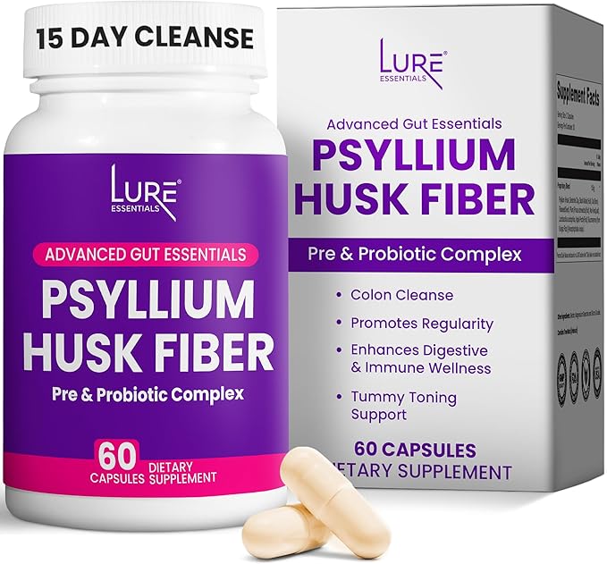 Lure Essentials Psyllium Husk Capsules for Colon Cleanse - Prebiotic and Probiotic Fiber