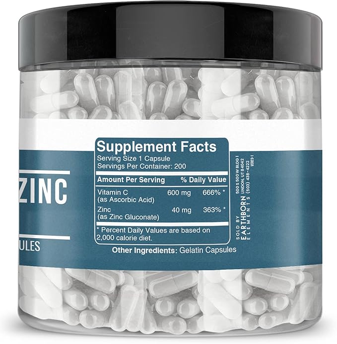 Earthborn Elements Vitamin C Plus Zinc Gluconate Supplement, (200 Capsules) Blended Health Support, Non-GMO, Gluten Free,