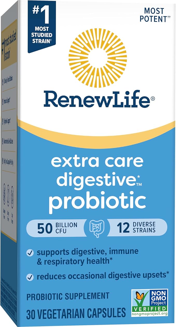 Renew Life Extra Care Digestive Probiotic Capsules, 50 Billion CFU Guaranteed, Daily Supplement Supports Immune, Digestive, Respiratory Health(1), L. Rhamnosus GG, Dairy, Soy and Gluten-Free, 30 Count