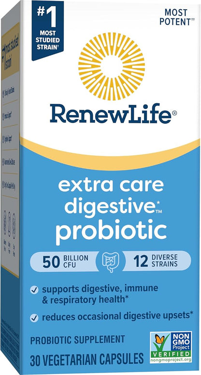 Renew Life Extra Care Digestive Probiotic Capsules, 50 Billion CFU Guaranteed, Daily Supplement Supports Immune, Digestive, Respiratory Health(1), L. Rhamnosus GG, Dairy, Soy and Gluten-Free, 30 Count