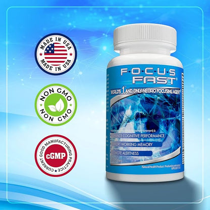 Focus Fast Clear Brain Nootropic Supplement, 40 Count, for Men & Women - Focus Pills for Concentration, Brain Booster & Memory Support – Vitamins, Choline, Ginseng, Gingko & More