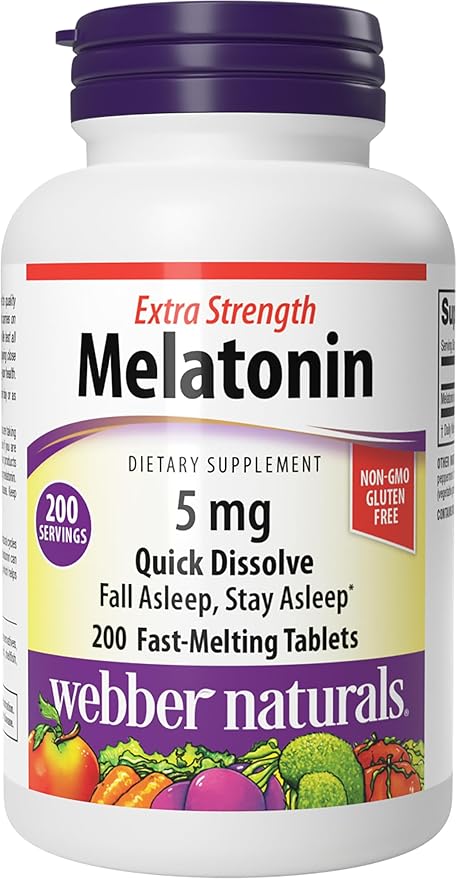 Webber Naturals Extra Strength Melatonin 5mg, Fast-Melting Tablets, 200 Day Supply, 100% Drug Free Sleep Supplements for Adults, Gluten Free, Non-GMO, Vegetarian Formula